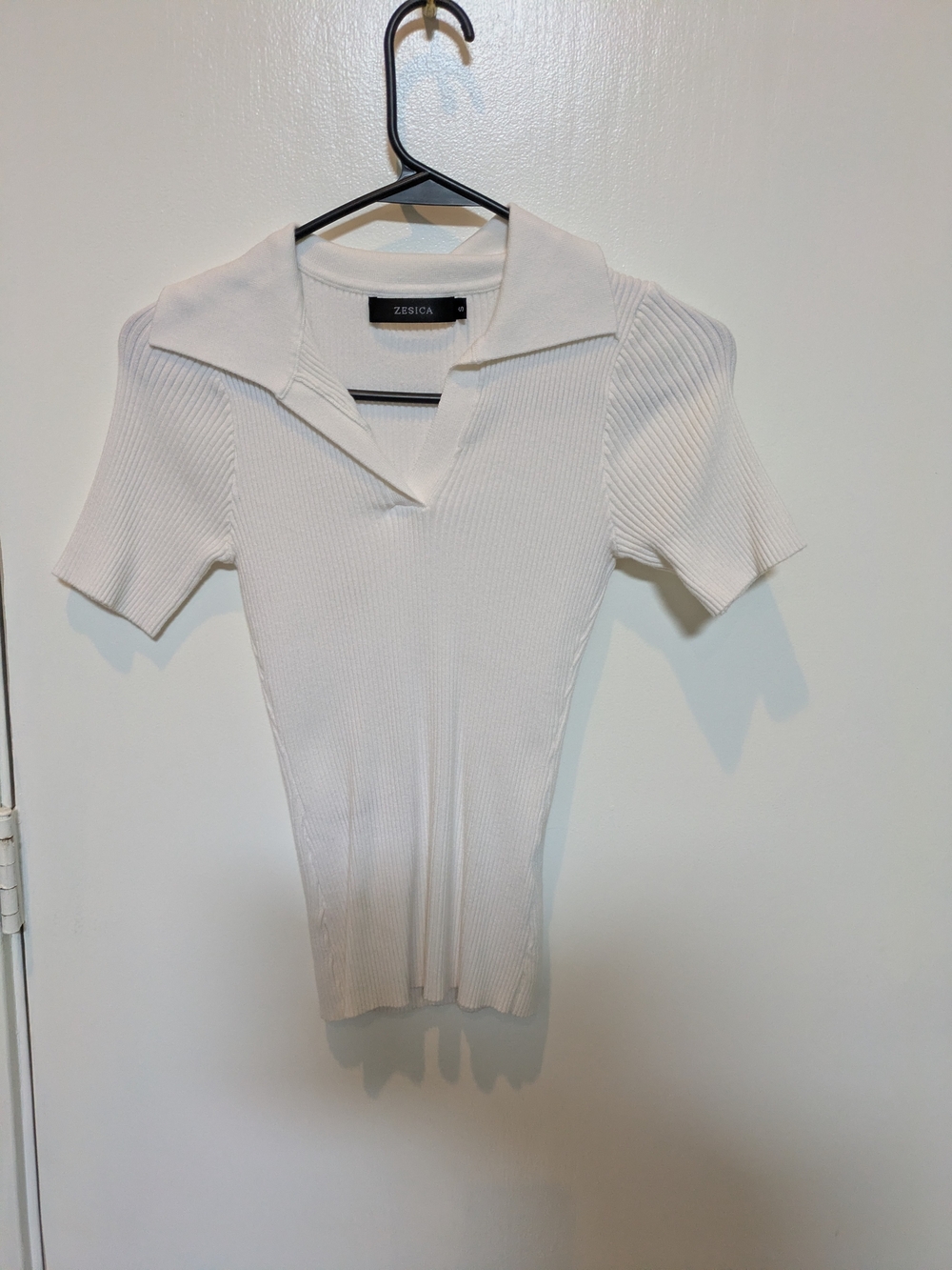 White Ribbed Polo Short Sleeve Top